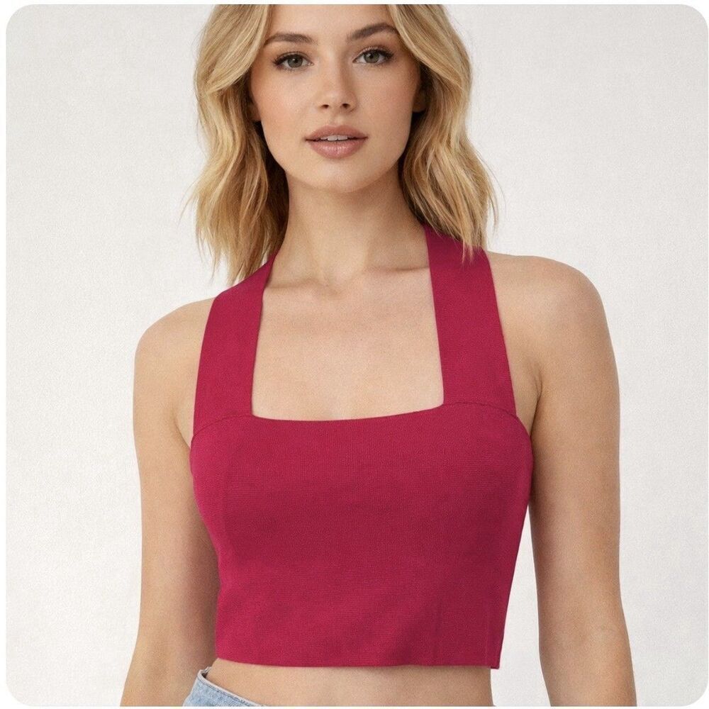 A.L.C. Ali Ribbed Knit Crop Tank Top Strawberry Red Size Small Wide Strap